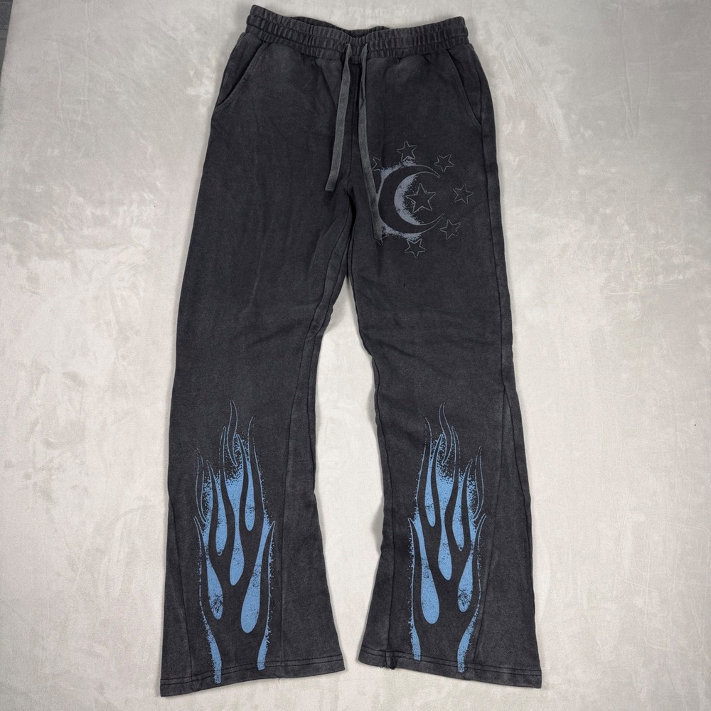 Y2K Mens Majorwavez‎ Mineral Wash Blue Flame Graphic Flare Sweatpants Small